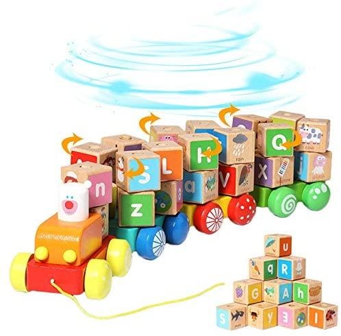 Кубики Kinder Trenulet din Lemn cu Cuburi de Construit