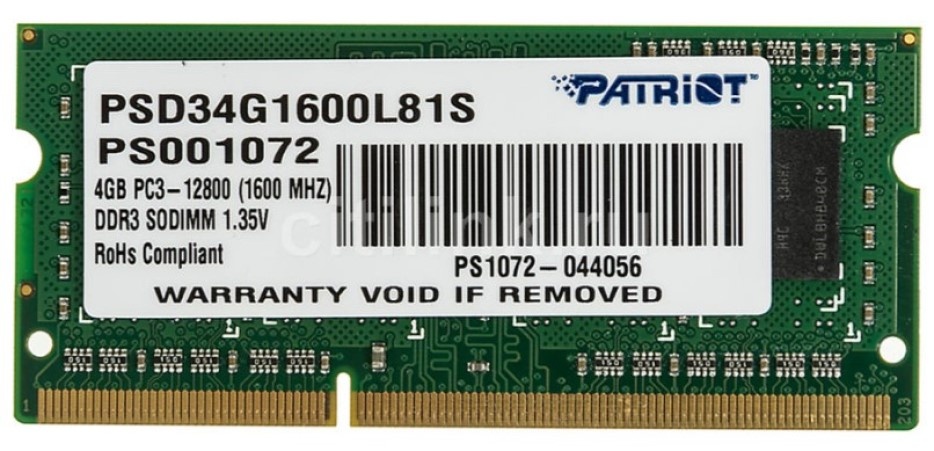 Оперативная память Patriot Signature Line 4Gb DDR3L-1600MHz SODIMM (PSD34G1600L81S)