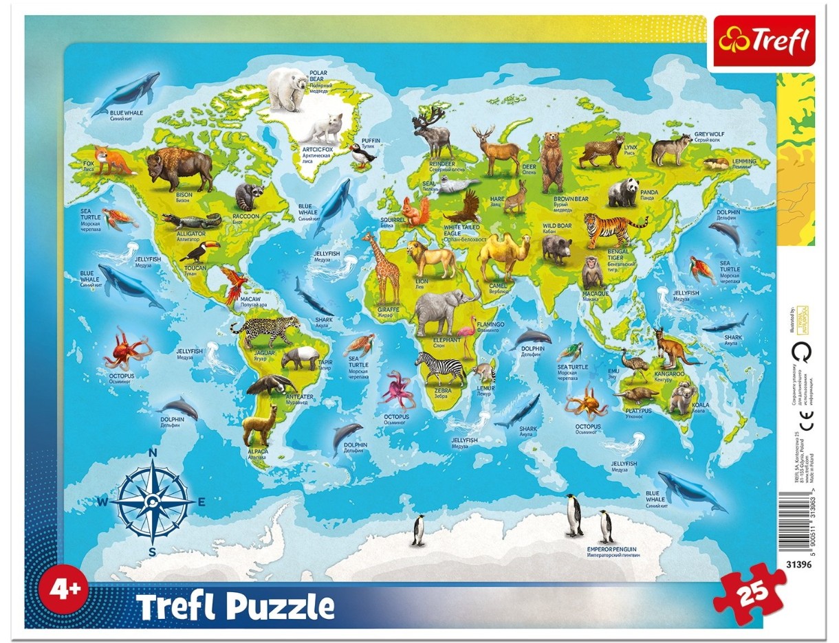 Puzzle Trefl 25 World map with Animals (31396)
