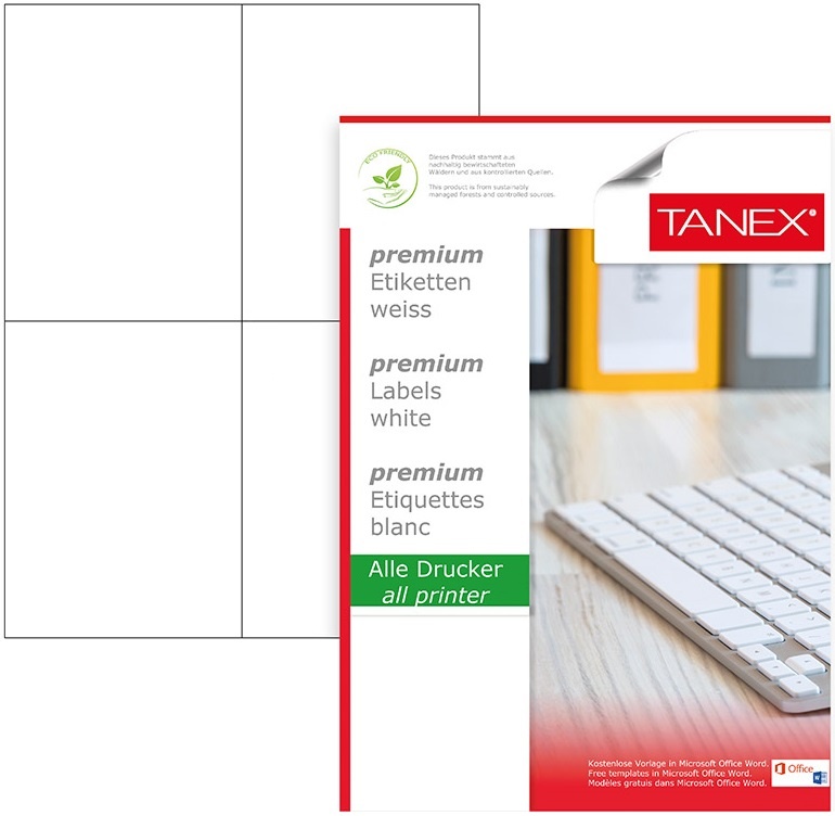 Самоклеящиеся этикетки для принтера Tanex A4/100p 4pcs (TN02204)
