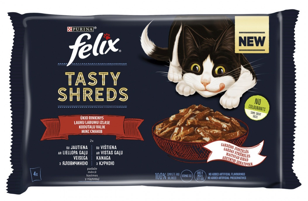 Hrană umedă pentru pisici Purina Felix Tasty Shreds Mix Beef 2pcs Chicken 2pcs