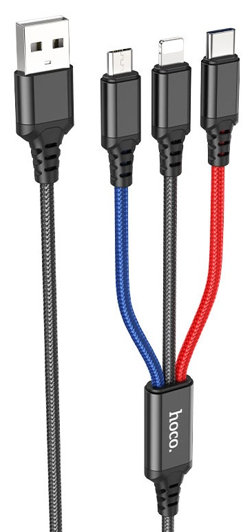 Cablu USB Hoco X76 3-in-1 Super Black/Red/Blue