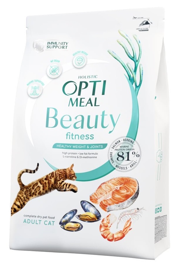 Hrană uscată pentru pisici Optimeal Adult Cat Beauty Fitness Seafood 4kg