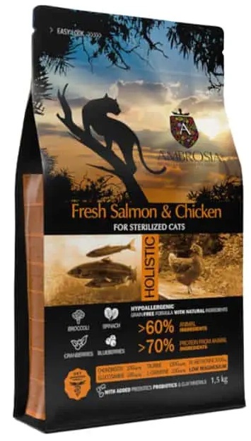 Hrană uscată pentru pisici Ambrosia Sterilized Cat Fresh Salmon & Chicken 1.5kg