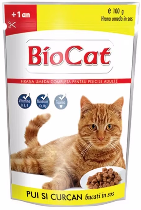 Влажный корм для кошек BioCat Pui & Curcan în Sos 0.1kg 24pcs
