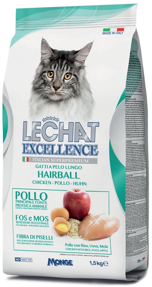 Hrană uscată pentru pisici Lechat Excellence Hairball Pollo 1.5kg
