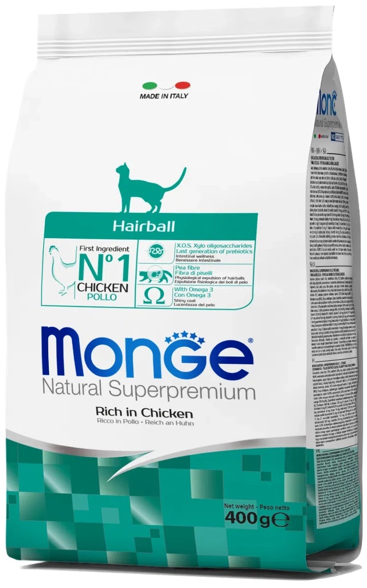 Hrană uscată pentru pisici Monge Superpremium Hairball Rich in Chicken 400g
