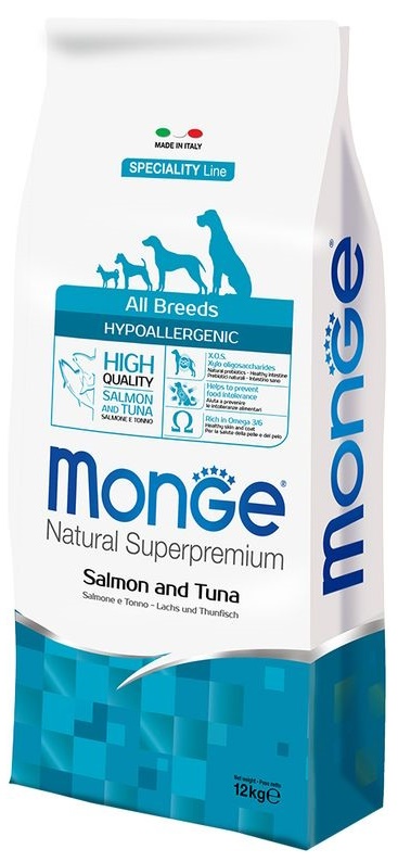 Hrană uscată pentru câini Monge Superpremium All Breeds Adult Hypo Salmone e Tonno 12kg