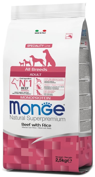 Hrană uscată pentru câini Monge Superpremium All Breeds Adult Monoprotein Manzo con Riso 2.5kg
