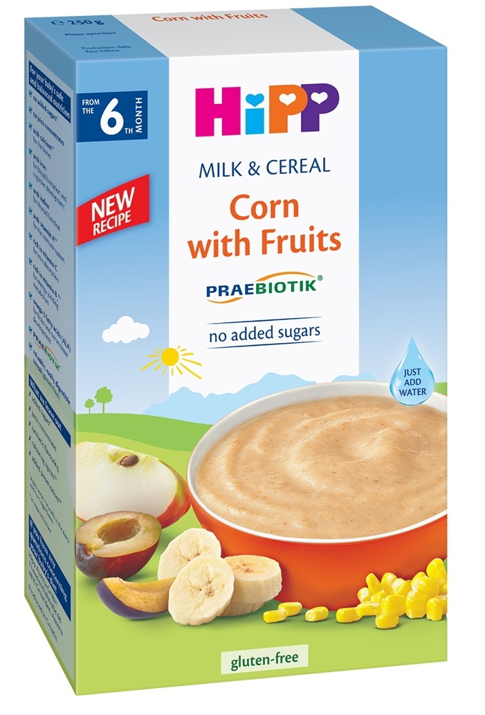 Terci din porumb cu lapte HiPP Milk & Cereal Corn with Fruits 250g