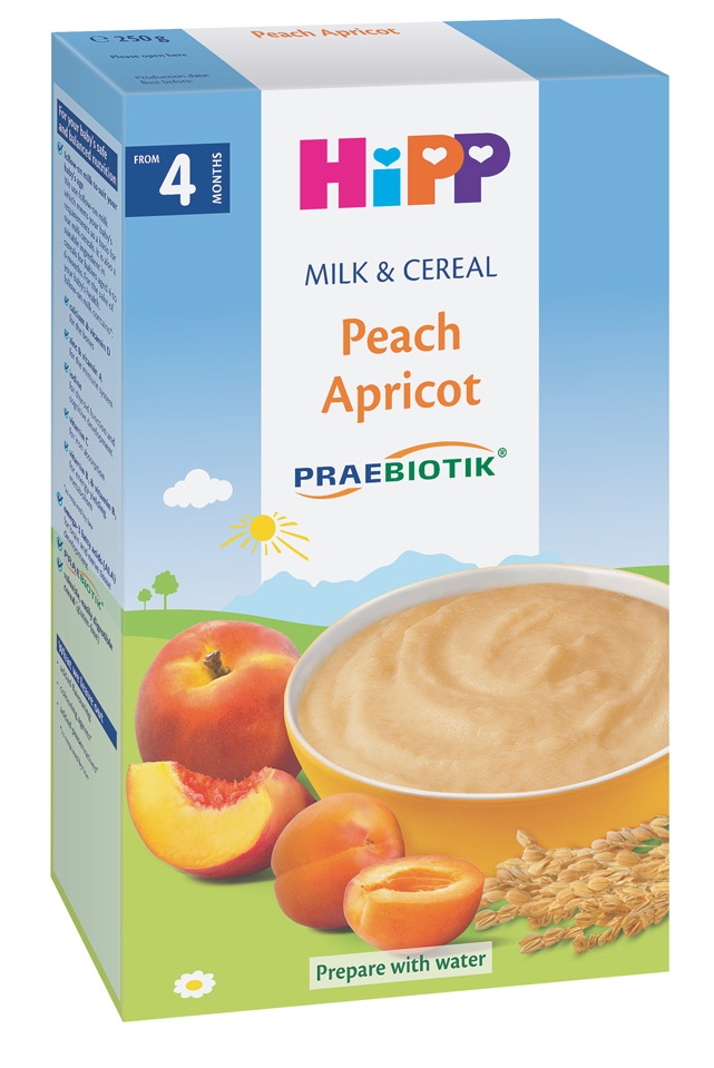 Terci din orez si porumb cu lapte HiPP Milk & Cereal Peach Apricot 250g
