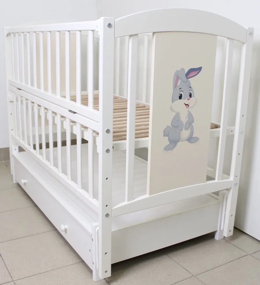 Кроватка Кузя Кролик Белый на маятнике с ящиком