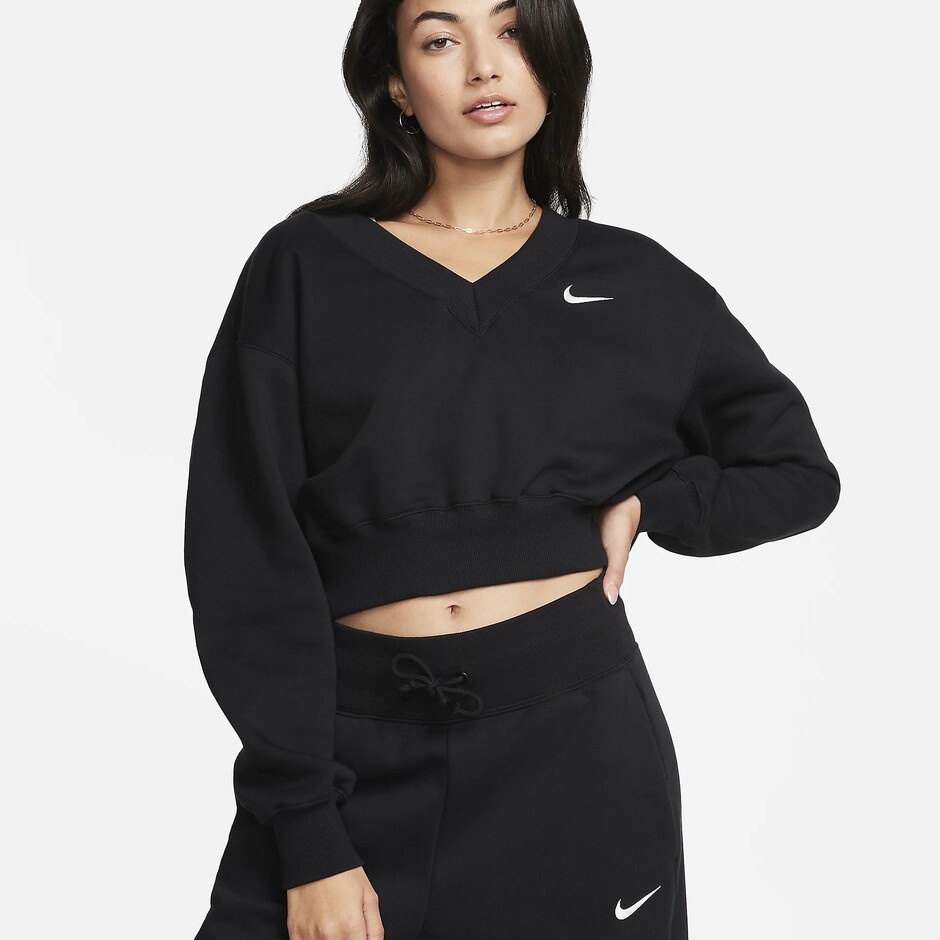 Hanorac damă Nike W Nsw Phnx Flc Crop Vneck Black/Sail, s.L