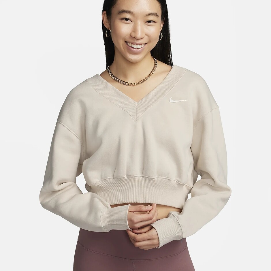 Hanorac damă Nike W Nsw Phnx Flc Crop Vneck Light Orewood Brown/Sail, s.M