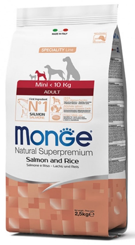 Hrană uscată pentru câini Monge Superpremium XS Adult Salmone e Riso 2.5kg