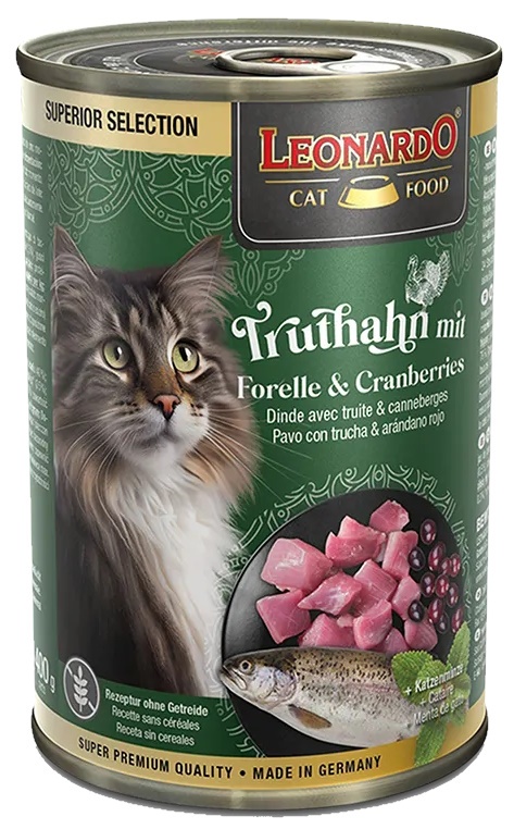 Hrană umedă pentru pisici Leonardo Turkey & Trout & Cranberries 400g