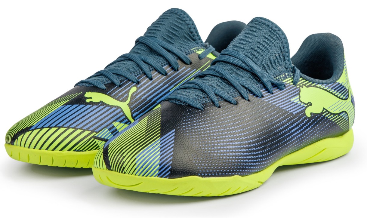 Ghete pentru fotbal Puma Future 7 Play It Jr Gray Skies/Elektro Purple/Fizzy Apple/Puma White, s.37