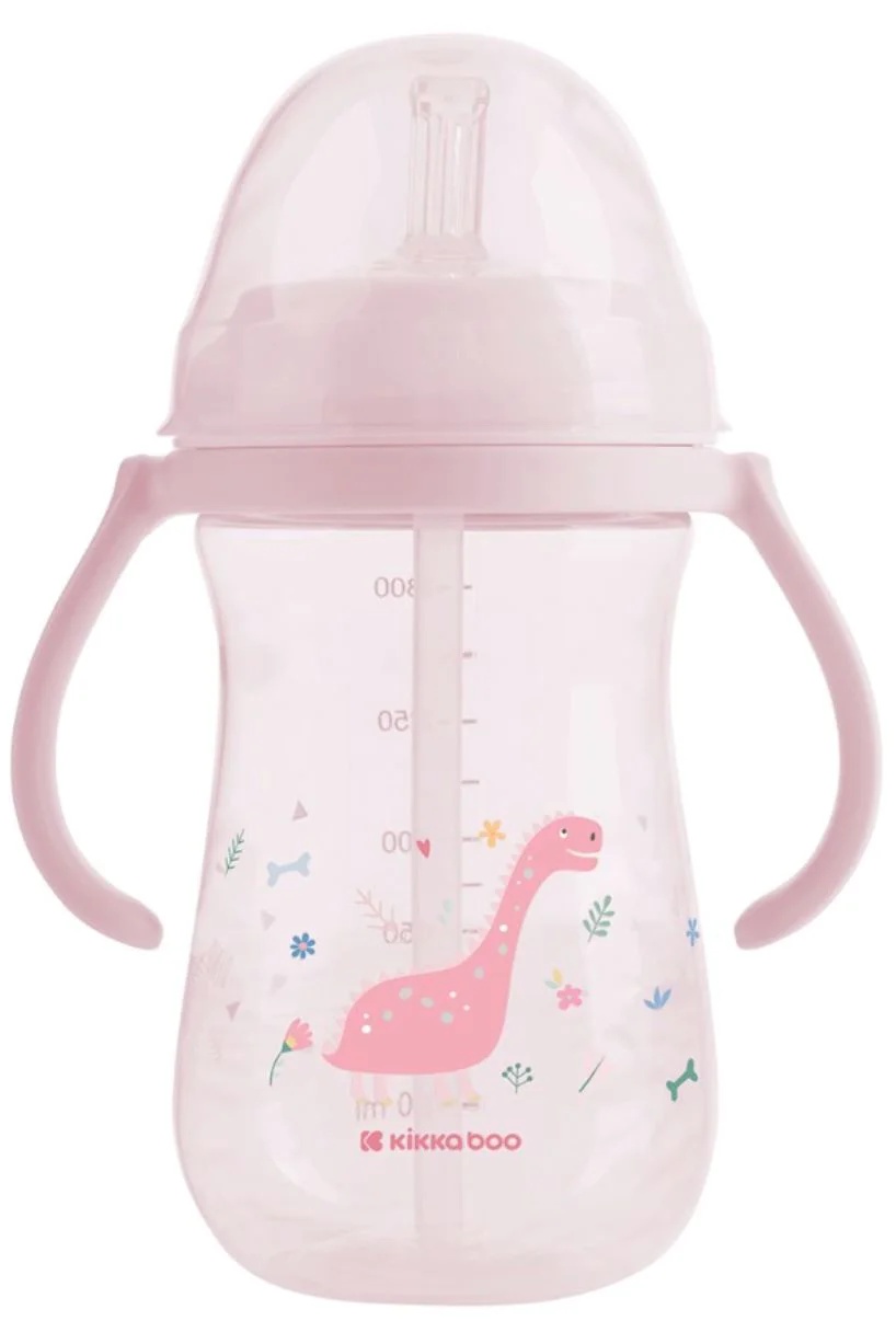 Cana cu pai Kikka Boo Dino World Pink 300ml (3800171212526)