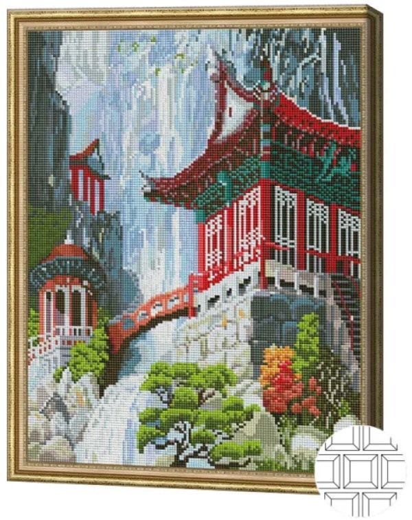 Pictura cu diamante după numere Art Gallery Premium Templu chinezesc în munți QB202017
