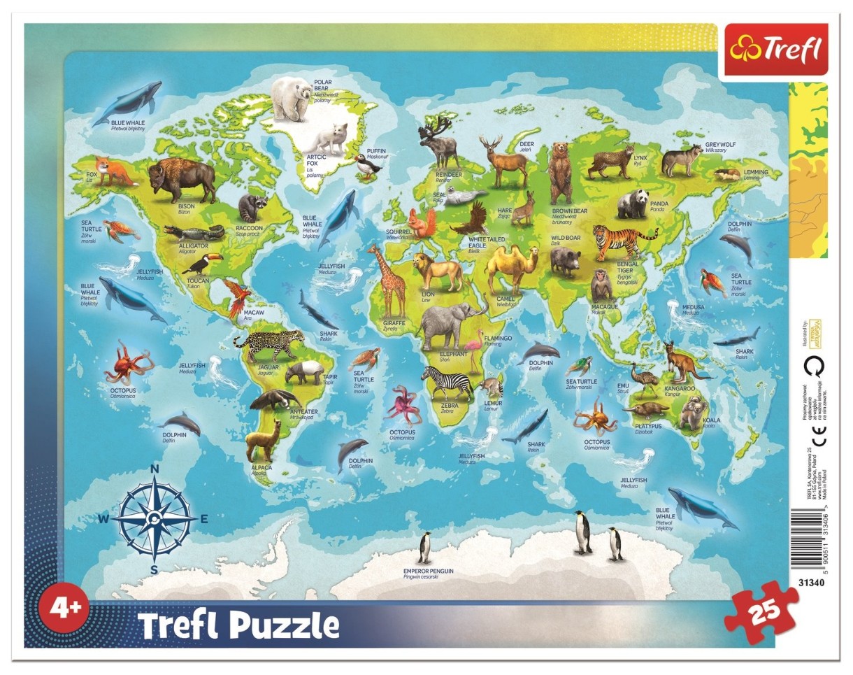 Пазл Trefl 25 Frame World map with animals (31340)