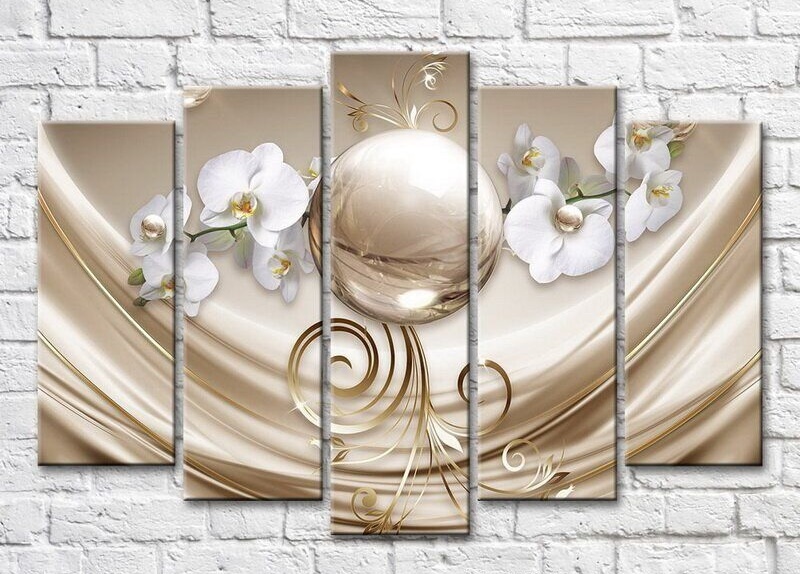Pictură Magic Color Orchid branches and a Golden ball on a Beige background (3551909)