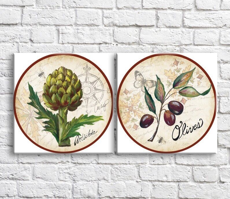 Pictură ArtPoster Olives and artichokes against a background of butterflies and patterns (3478754)