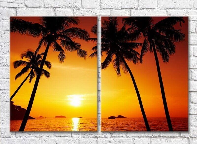 Pictură ArtPoster Palm trees and the setting sun (3453795)