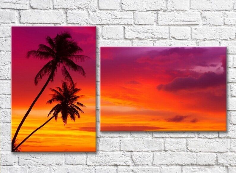 Pictură ArtPoster Palm trees on the background of Pink sunset (3453838)