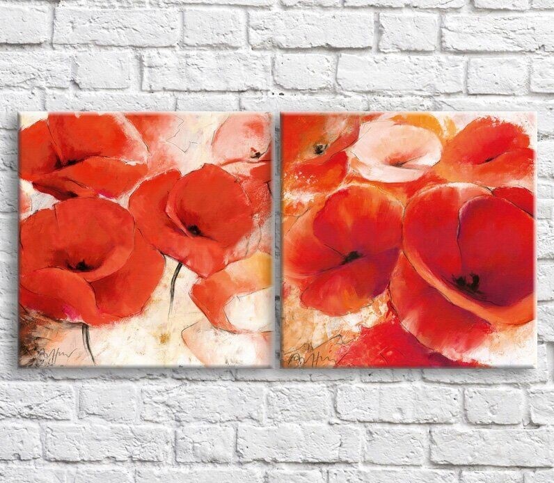 Картина ArtPoster Pink and Red poppies in oil on White background (3467783)