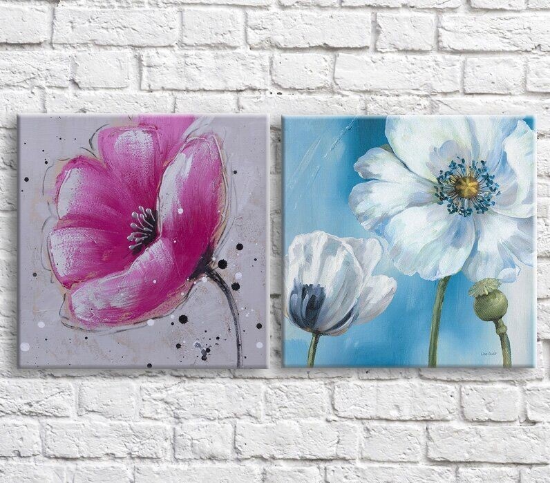 Картина ArtPoster Pink and White poppies on Blue and Gray backgrounds (3467782)