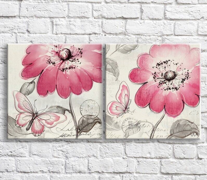 Pictură ArtPoster Pink butterflies and wildflowers on Black and White background (3467781)