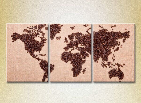 Pictură Magic Color Triptych Coffee beans World Map (2698657)