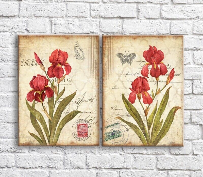 Картина ArtPoster Red irises and butterflies in vintage style (3467853)