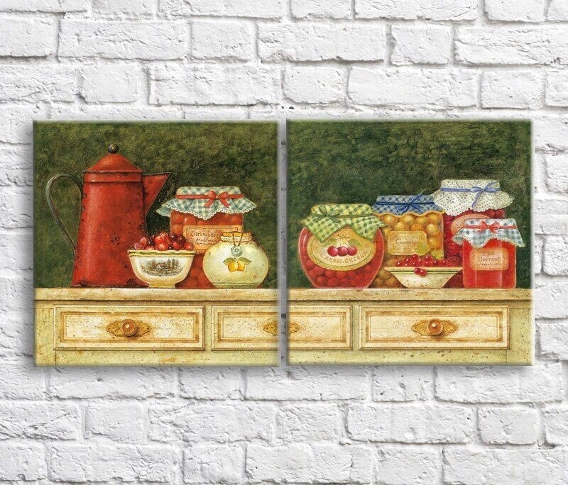 Картина ArtPoster Red kettle and jars of jam on a Green background (3478745)