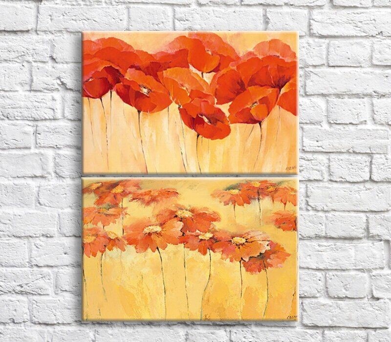 Картина ArtPoster Red poppies and gerberas in oil on a Yellow background (3467847)