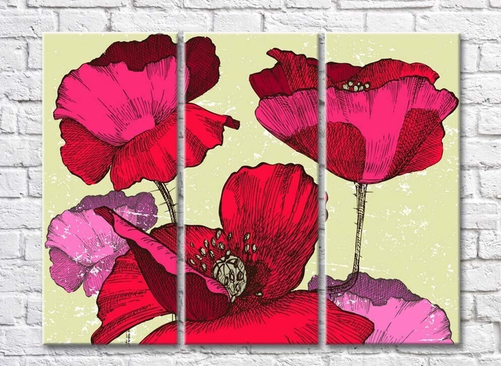 Pictură ArtPoster Scarlet poppy flowers-drawing (500053)