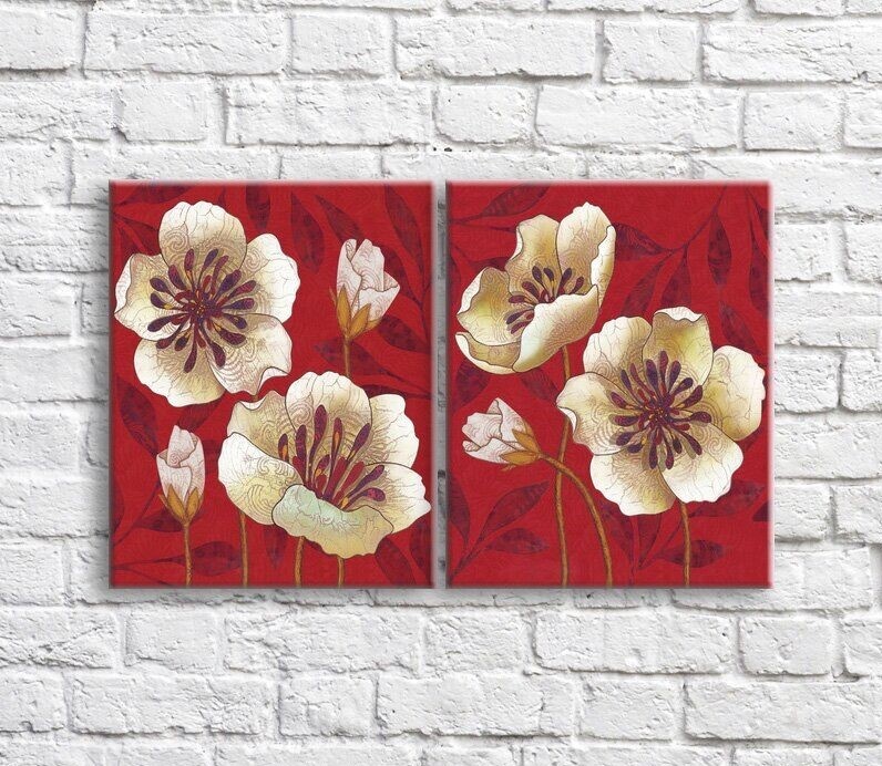 Картина ArtPoster White poppies on a background of leaves, background Red, diptych (3467680)