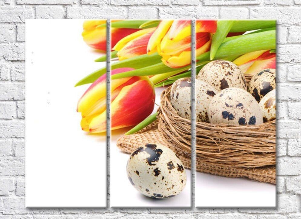 Pictură Rainbow Basket with quail eggs and a bouquet of tulips (500333)