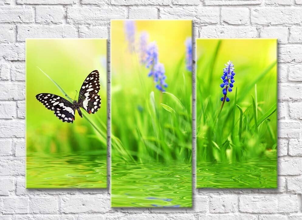 Картина Rainbow Black butterfly above water on a Green background with flowers (500833)