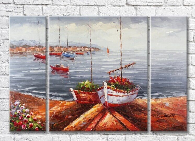 Картина Rainbow Boat with flowers on the shore (3485207)