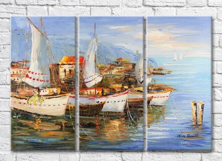 Картина Rainbow Boats with white sails at the village (3485181)