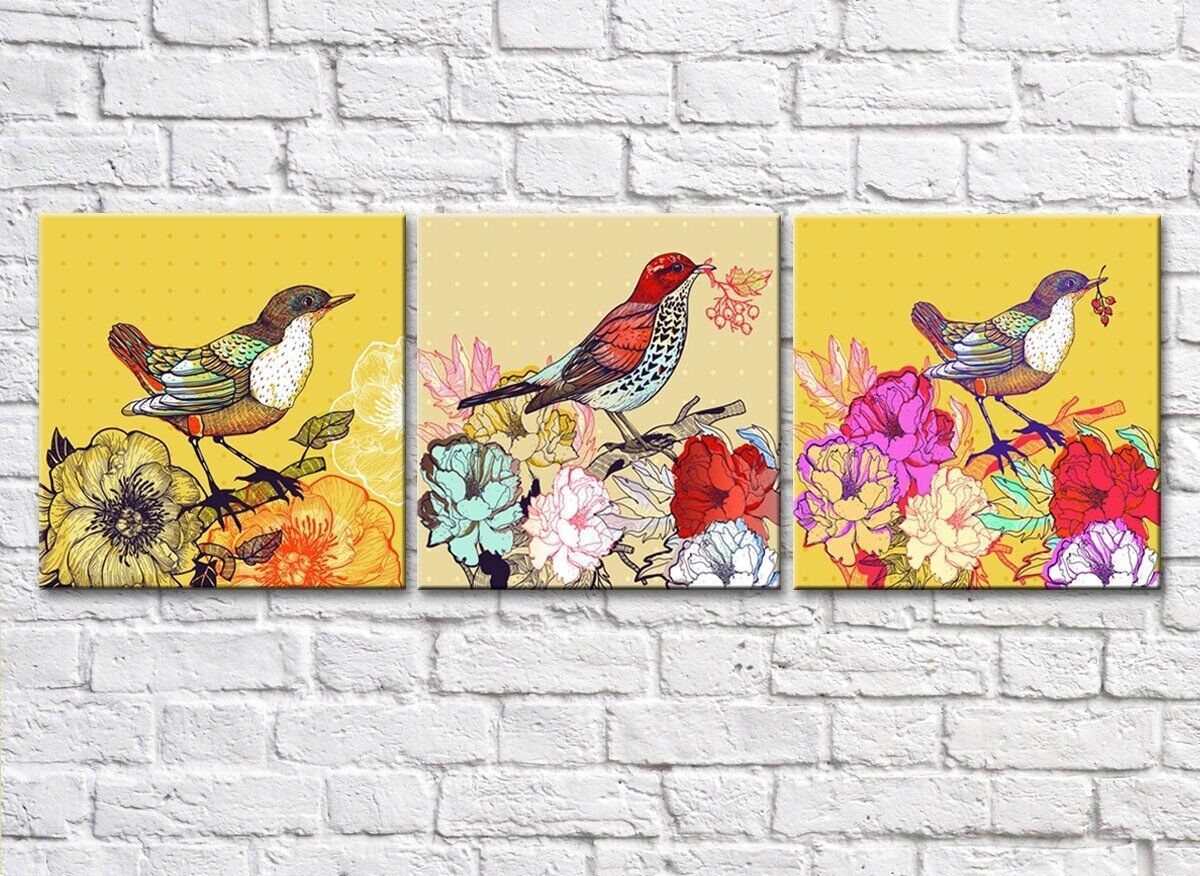 Картина Rainbow Bright triptych with colorful flowers and birds (500846)