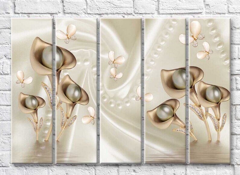 Картина Rainbow Calla lilies and butterflies from jewelry on a silk background (3551868)