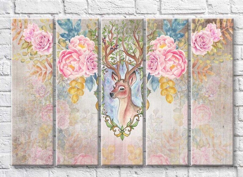 Pictură Rainbow Deer on a vintage background of roses (3551888)