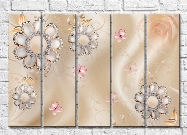 Pictură Rainbow Flowers and butterflies from jewelry on a Beige background (3551867)