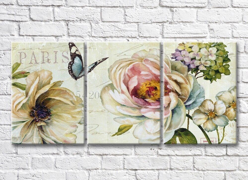 Картина Rainbow Flowers and butterfly on vintage background (3572588)