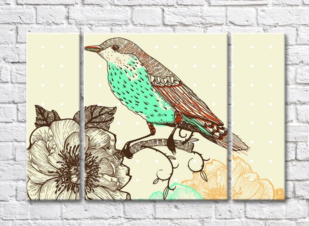 Картина Rainbow Green bird on a branch with a flower (500305)