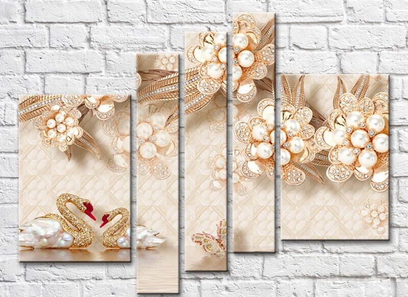Картина Rainbow Jewelry swans and flowers on a beige background (3551894)