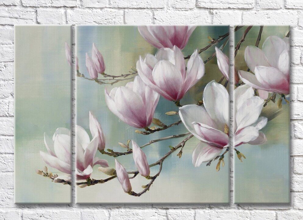 Pictură Rainbow Large flowers of pink magnolia on a blue background (3572563)