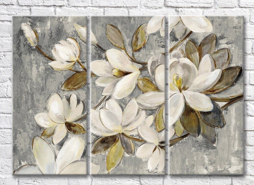 Pictură Rainbow Large flowers of white magnolia on a gray background (3572510)